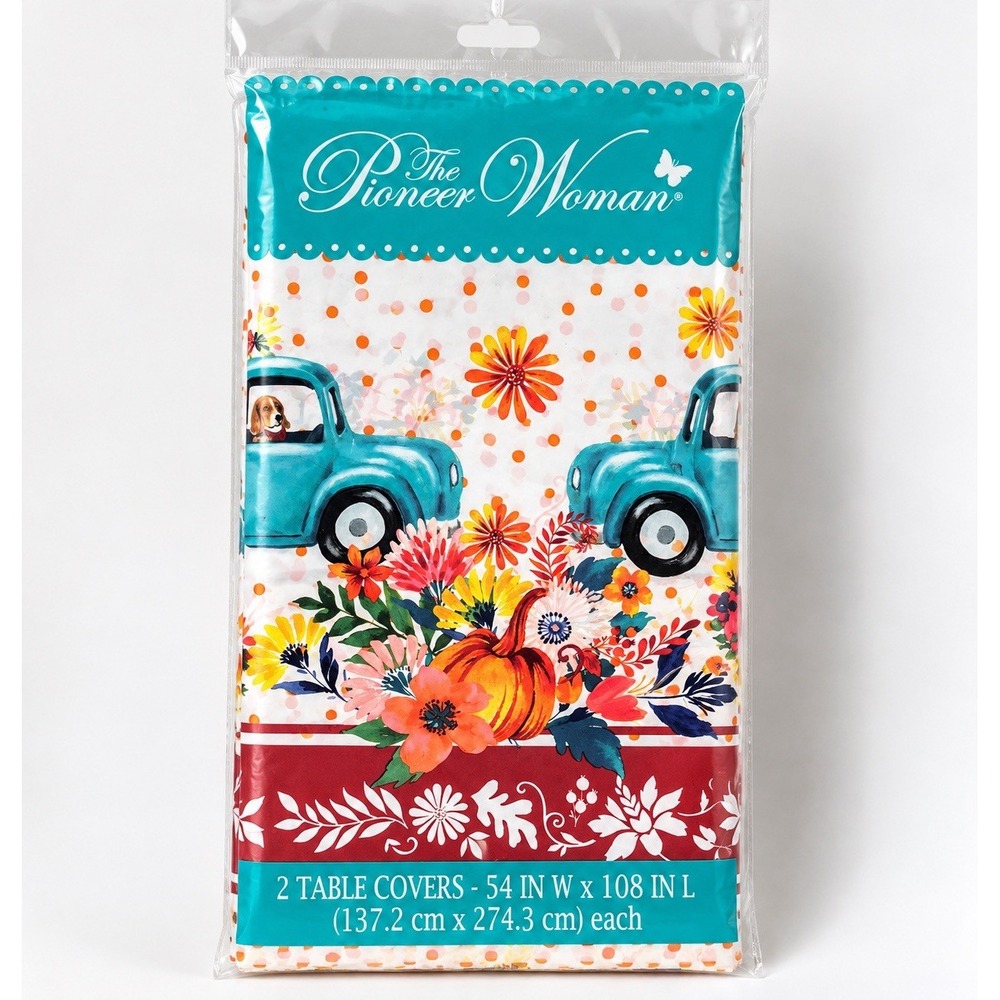 Pioneer Woman Pumpkin Dot Truck Plastic Table Cover Set 2pk 54x108 Fall Truck
